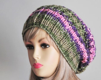 Pink Green Chunky Knit Slouchy Beanie Hat, Women's Winter Oversized Slouchy Beanie, Reversible Slouchy Hat