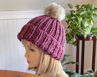 Purple Fig Winter Hat, Wool Pompom Beanie, Faux Fur Pompom Beanie Hat, Women's Knitted Beanie Hat, Chunky Knit Lambs Wool Beanie Hat