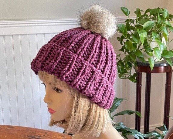 Purple Fig Knit Beanie, Lambs Wool, Faux Fur Pompom - Etsy display picture 3