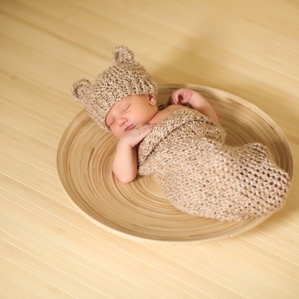 Rococco Brown Knit Baby Bear Hat and Cocoon SET - Newborn Photo Prop for Baby Boy or Baby Girl,Newborn Knitted Set, Baby Shower Gift