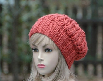 Copper Orange Knit Slouchy Hat, Slouchy Beanie Hat, Oversized Beanie, Chunky Knitted Hat, Hand Knit Women's Winter Hat, Reversible Hat,