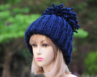 Navy Blue Chunky Knit Wool Pompom Beanie, Women's Winter Pompom Hat, Men Beanie, Lambs Wool Beanie