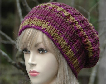 Purple Green Knit Slouchy Hat, Womens Slouchy Beanie, Oversized Slouchy Beanie, Chunky Hat, Slouchy Hat, Winter Hat, Slouchy Hat Reversible