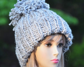 Chunky Knit Gray Winter Hat, Wool Pompom Beanie, Women Pompom Beanie, Men Beanie, Lambs Wool Hat, Neutral Beanie, Ski Hat, Snowboard Hat