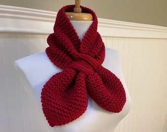 Garnet Red Knit Keyhole Scarf, Women's Winter Vegan Scarf, Retro Scarf, Pull Through Stay Put Scarf