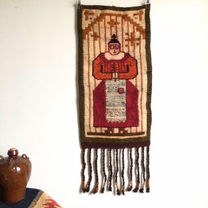 vintage Polish kilim tapestry, 1970s wool rug, mid century wall hanging, handmade in Poland