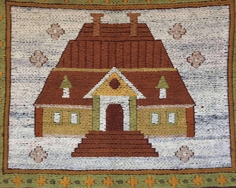 vintage Polish kilim tapestry, 1970s wool rug, mid century wall hanging, handmade in Poland