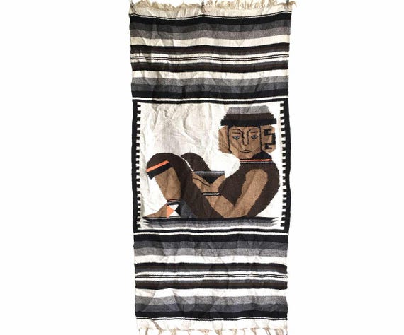 Vintage Mexican Blanket Rug Woven Wall Hanging Wool Tapestry Etsy