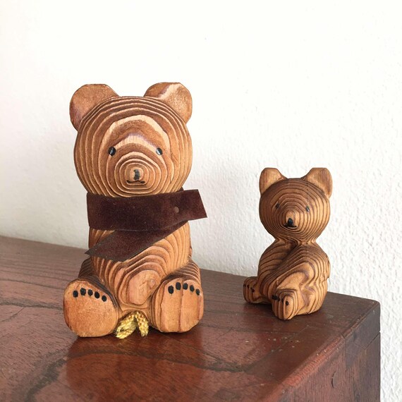 80年代 ビンテージ 熊 ベアー 木製 2体 置物 インテリア レトロ 当時物