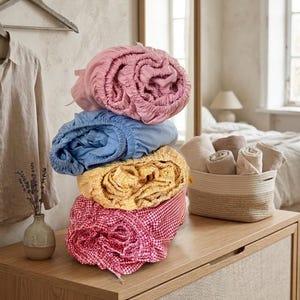 May include: A stack of four folded fitted sheets in pink, blue, yellow gingham, and red gingham patterns. The sheets are piled on a wooden surface next to a woven basket containing several neutral-colored rolled fabric items.