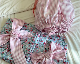 Pink Gingham Cotton Bedding Set, Floral Pillowcases with Tie-Ribbons, Cottagecore Queen Size