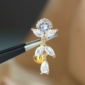 14G Gold Reverse Belly Button Ring Floral Vine Dangle Titanium Navel Piercing, Hypoallergenic Inverted Belly Jewelry, Top Down Navel Jewelry