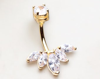 Gold Dainty Lotus Belly Button Ring, Floral Decor Cute Belly Ring Piercing Jewelry, Navel Ring Body Piercing Jewelry