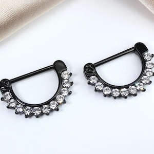 14G Black Nipple Clicker Rings – Sparkling Clear Multi-Gem Front Diamond Decor Clicker Barbells, Nipple Piercing Jewelry