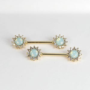 Pair of Opal Sun Shape with Gems Nipple Barbell, 14G Gold Opal Floral Nipple Piercing, Lightweight Nipple Barbell Ring Body Piercing Jewelry