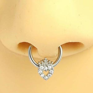 16g Silver Heart Septum Hoop Ring, Sparkly Clear Gem Heart Crown Style 8mm Septum Piercing Ring, Septum Clicker Jewelry