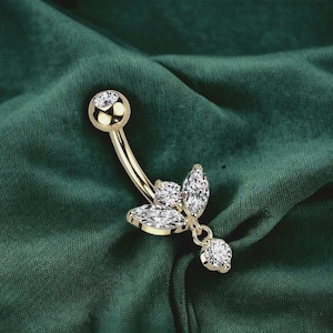 14G Gold Dangling Clear Marquise Gems Belly Button Ring, Navel Ring, Dangle Belly