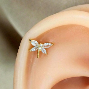 18g Threadless Gold Dragonfly Push Pin Labret Stud, Implant Grade Titanium 8mm Flat Back Earring, Helix, Conch, Cartilage Piercing Jewelry