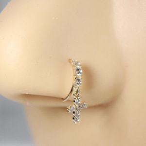 14K Gold Cross Dangling Gem Nose Hoop Ring, 20G Simple Style Gem Decor Bendable Cross Nose Piercing Hoop Ring, Solid Gold Nose Piercing
