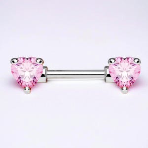 14G Silver Pink Heart Nipple Barbell, Pair of Simple Pink Stone Sparkly Gem Nipple Piercing, Nipple Rings, Custom Body Jewelry