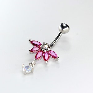 Pink Floral Belly Button Ring with Dangling Opal Gem. 14g Cute Pink Flower Petal Marquise Belly Ring, Navel Piercing Jewelry