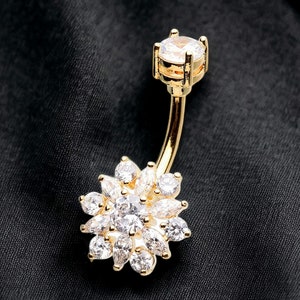 14G Floral Belly Button Ring, Gold Sparkle Gem Flowel Belly Piercing Ring