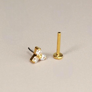 Gold Threadless Push Pin Stud, 18G Titanium Flat Back Floral Gem CZ Earring, Labret, Monroe, Helix, Conch, Cartilage 8mm Piercing Jewelry
