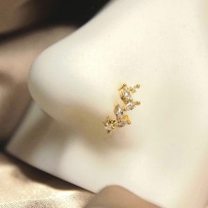 20G Gold Nose Hoop Ring with Leaves | Sparkly Gems Bendable Nose Piercing, Custom Body Jewelry Gifts for Her, Minimalist Jewelry