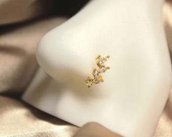 20G Gold Nose Hoop Ring with Leaves | Sparkly Gems Bendable Nose Piercing, Custom Body Jewelry Gifts for Her, Minimalist Jewelry