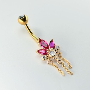 14G Floral Dangle Belly Ring, Pink Marquise Gem Flower Petal Chain, Gold Navel Piercing, Dainty Belly Button Jewelry