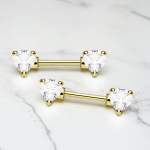 14g Gold Heart Nipple Barbell, Pair of Simple CZ Heart Nipple Piercing Ring