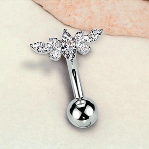 Silver Marquise Belly Button Ring | Dainty Floral Top Decor Navel Jewelry with Sparkling Gem, Everyday Wear Body Piercing