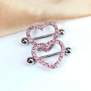 Pair of Pink Heart Nipple Barbell, 14G Sparkling Pink Gem Decor Nipple Shield Piercing Jewelry, Gift for Her, Nipple Rings