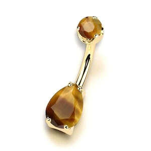 14G Titanium Belly Ring – Internally Threaded Teardrop Gold Navel Piercing Natural Tiger&#39;s Eye Gemstone – Body Jewelry Belly Button Ring