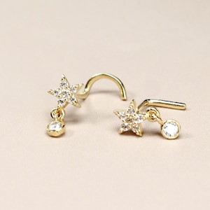 14K Star Solid Gold Nose Stud, 20G Dainty Dangling Gem Nose Stud, L Shape Corkscrew Nose Piercing, Sparkly Cz Gem Decor Nose Jewelry Ring