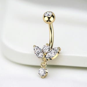 Piercing per ombelico in oro 14G con gemme trasparenti a forma di marquise, piercing per ombelico, piercing per pancia pendente