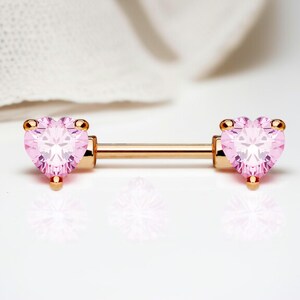 14G Rose Gold Pink Heart Nipple Barbell, Pair of Simple Pink Stone Sparkly Gem Nipple Piercing, Nipple Rings, Custom Body Jewelry