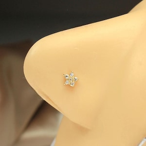 14K Gold Floral Nose Stud, Dainty Gem Corkscrew Nose Ring, 20G L Shape Nose Piercing Jewelry, Cute Gold Nose Pin