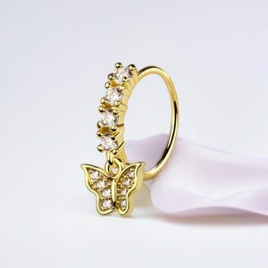 Cute Gold Dangling Butterfly Gem Nose Hoop Ring, Gem Simple Style Decor Bendable Nose Piercing Hoop Ring,Nose Cartilage Piercing Hoop Ring