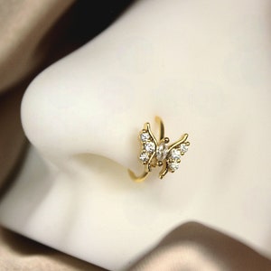 Butterfly Nose Hoop Ring, Gold Bendable Nose Piercing Jewelry, Simple Gem Cartilage Hoop, Dainty Nose Ring for Women