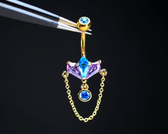 14G gouden navelketting met bungelketting, sierlijke paarse navelpiercing, lichaamssieraden met uitwendig schroefdraad