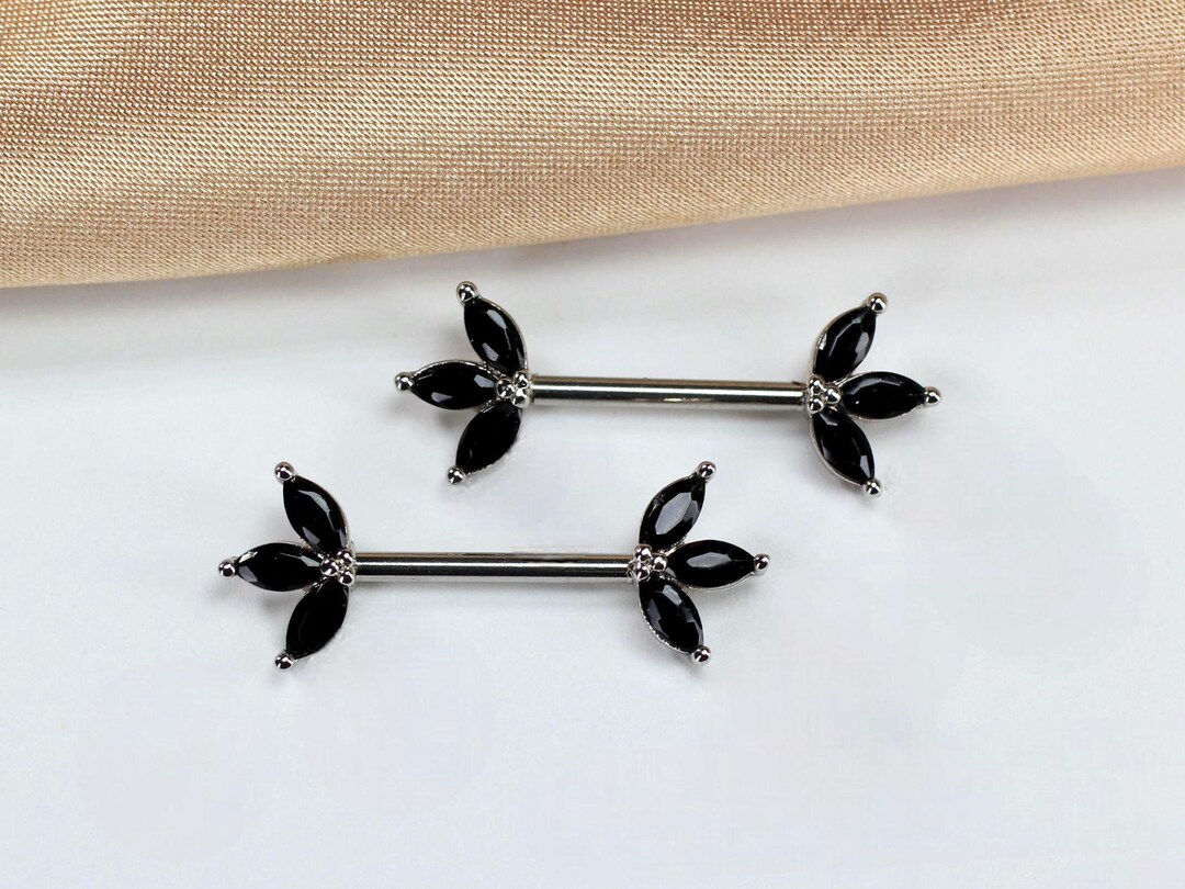 14G Black Marquise Nipple Barbell Set, Floral Leaf Nipple Rings,