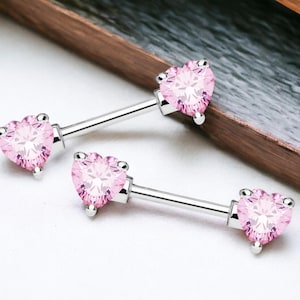 14G Silver Pink Heart Nipple Barbell, Pair of Simple Pink Stone Sparkly Gem Nipple Piercing, Nipple Rings, Custom Body Jewelry