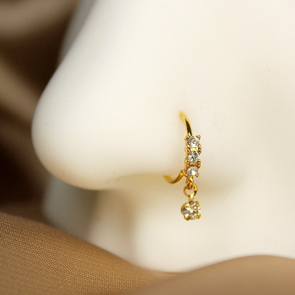 20g Gold Dangling Gem Nose Hoop Ring, Gem Simple Style Decor Bendable Nose Piercing Hoop Ring, Nose Cartilage Piercing Hoop Ring