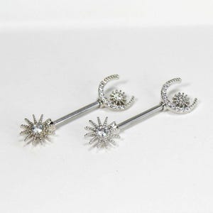Silver Sun and Crescent Moon Nipple Barbells, 14g Sparkly Sun and Moon Gem Nipple Piercing Jewelry, Custom Body Jewelry, Nipple Rings
