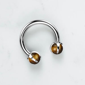 May include: A silver horseshoe-shaped barbell with two round tiger's eye gemstone ends.