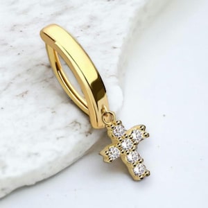 14G Cross Belly Clicker Ring, Sparkle Gem Decor Dangling Gold Cross Belly Button Piercing, Everyday Comfortable Wear Navel Piercing Ring