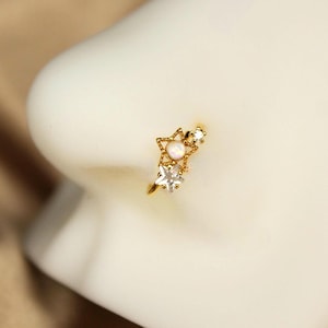Gold Nose Hoop with Gem & Opal Stars, Dainty Nose Ring, 20G Shooting Star Bendable Nose Ring, Unique Body Piercing, Gift for Her