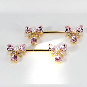 Dangle Pink Gem & Pearl Decor Nipple Barbell Piercing, Coquette Theme Pink Nipple Jewelry, 14g Nipple Piercing, Unique Body Jewelry