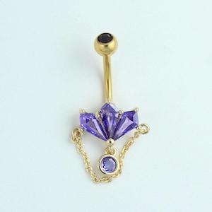 Purple Amethyst Belly Ring, 14g Gold Navel Piercing Ring, Aesthetic Body Jewelry